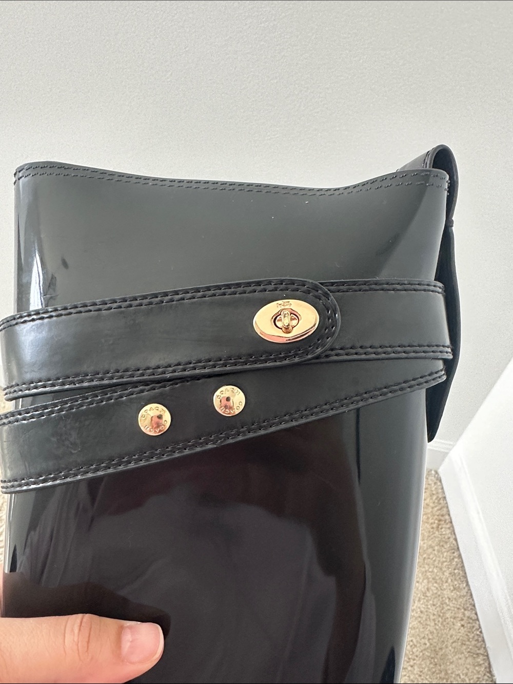 Coach Patent Black Knee-High Rain Boots with Gold Accent - Picture 9 of 14